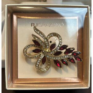 Vintage R. J. Graziano Red Crystal Rhinestones Flower Pin Brooch w/  Box NIB
